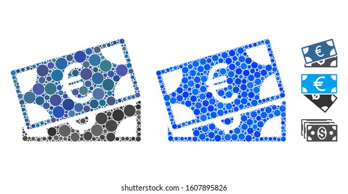 Currency banknotes composition of circle elements in variable sizes and color tones, based on currency banknotes icon. Vector circle elements are united into blue mosaic.