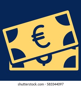 Currency Banknotes vector icon. Illustration style is a flat iconic yellow symbol on blue background.