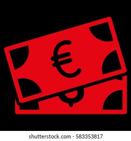 Currency Banknotes vector icon. Illustration style is a flat iconic red symbol on black background.