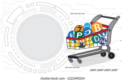 Currency in the basket on grey background technology concept of digital worldwide network with technological circuits. Investing in digital currency. Bitcoin investment crisis.(new virtual money)