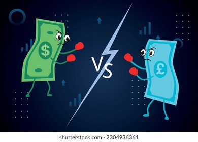 Currency battle dollar vs pounds. Currencies fight on a stylized background.
