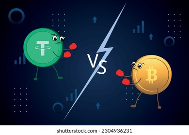 Currency battle USDT vs bitcoin. Digital currencies fight on a stylized background.