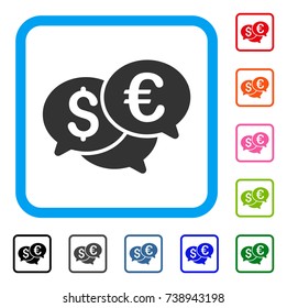 Currency Bids icon. Flat grey pictogram symbol in a light blue rounded squared frame. Black, gray, green, blue, red, orange color variants of Currency Bids vector.