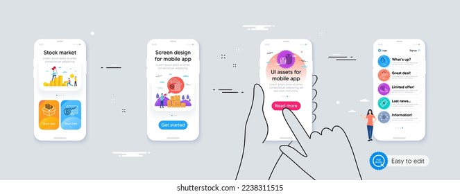 Currency, Bitcoin and Dollar exchange minimal line icons. Phone ui interface. Shopping bags, Stress, Money box icons. Difficult stress, Delivery discount, Bitcoin chart web elements. Vector