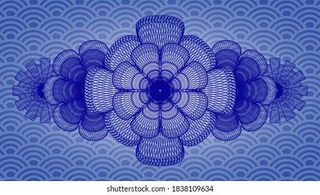 Currency blue color japan pattern realistic emblem. Geometric graceful background. Intense illustration. 