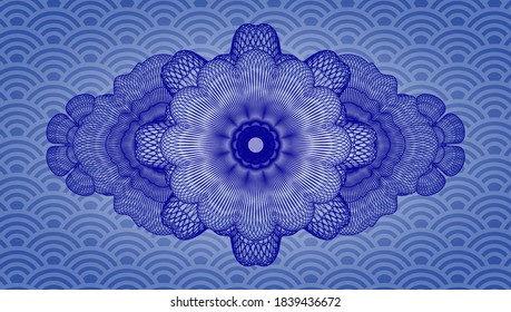 Currency blue japanese pattern realistic emblem. Geometric chic background. Illustration. 