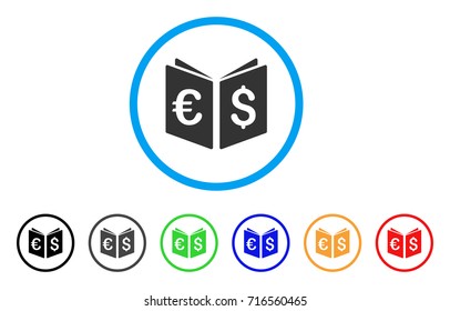 Currency Book icon. Vector illustration style is a flat iconic currency book grey rounded symbol inside light blue circle with black, gray, green, blue, red, orange color variants.