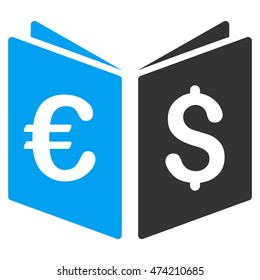 Currency Book icon. Vector style is bicolor flat iconic symbol, blue and gray colors, white background.