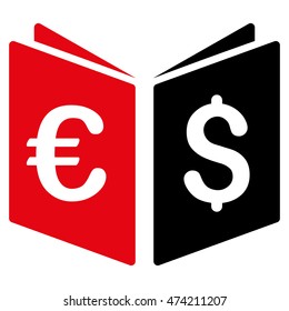 Currency Book icon. Vector style is bicolor flat iconic symbol, intensive red and black colors, white background.