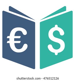 Currency Book icon. Vector style is bicolor flat iconic symbol, cobalt and cyan colors, white background.