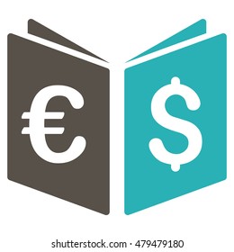 Currency Book icon. Vector style is bicolor flat iconic symbol, grey and cyan colors, white background.