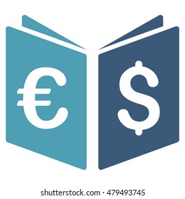 Currency Book icon. Vector style is bicolor flat iconic symbol, cyan and blue colors, white background.