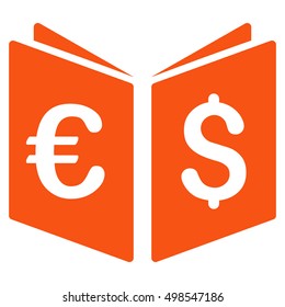 Currency Book icon. Vector style is flat iconic symbol, orange color, white background.