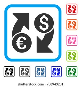 Currency Change icon. Flat gray pictogram symbol inside a light blue rounded rectangular frame. Black, gray, green, blue, red, orange color variants of Currency Change vector.