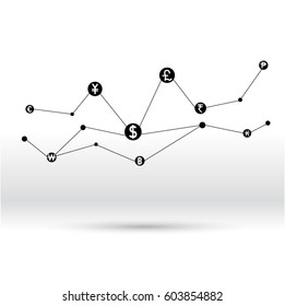 currency chart icon vector,Abstract Business chart with uptrend line graph and stock numbers in bull market on gray color background 
