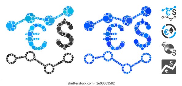 Currency charts composition of filled circles in various sizes and color tones, based on currency charts icon. Vector filled circles are composed into blue composition.