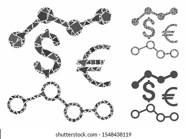 Currency charts composition of joggly items in variable sizes and color hues, based on currency charts icon. Vector uneven items are composed into collage.