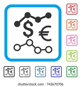 Currency Charts icon. Flat gray pictogram symbol in a blue rounded squared frame. Black, gray, green, blue, red, orange color additional versions of Currency Charts vector.