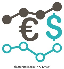 Currency Charts icon. Vector style is bicolor flat iconic symbol, grey and cyan colors, white background.