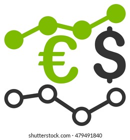 Currency Charts icon. Vector style is bicolor flat iconic symbol, eco green and gray colors, white background.