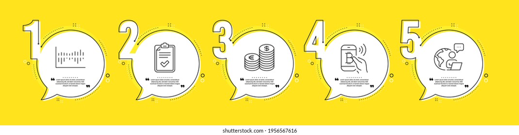 Currency, Checklist and Column diagram line icons set. Timeline process infograph. Bitcoin pay sign. Euro and usd, Survey, Sale statistics. Mobile payment. Finance set. Vector