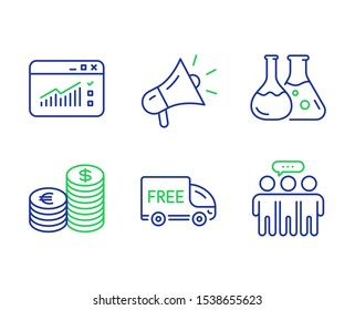 Currency, Chemistry lab and Free delivery line icons set. Megaphone, Web traffic and Employees group signs. Euro and usd, Laboratory, Shopping truck. Brand advertisement. Business set. Vector