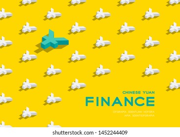 Currency Chinese Yuan (CNY) Sign 3d Isometric Pattern, Business Finance Concept Poster And Banner Horizontal Design Illustration Isolated On Yellow Background With Copy Space, Vector Eps 10