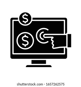 Icono negro de elección de moneda, ilustración conceptual, símbolo plano vectorial, signo de glifo.