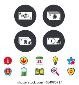 Currency with coins sign symbols. Calendar, Information and Download signs. Stars, Award and Book icons. Light bulb, Shield and Search. Vector