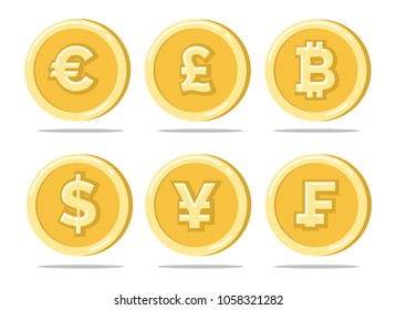 Currency coins. Sterling pound and euro, dollar and japanese bitcoin gold coin set isolated on white, different currencies vector illustration