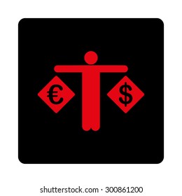 Currency compare icon. Vector style is intensive red and black colors, flat rounded square button on a white background.