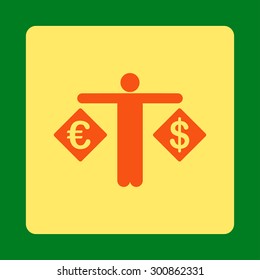 Currency compare icon. Vector style is orange and yellow colors, flat rounded square button on a green background.