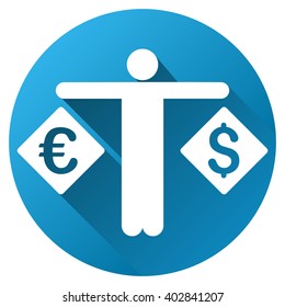 Currency Compare Person vector toolbar icon for software design. Style is a white symbol on a round blue circle with gradient shadow.