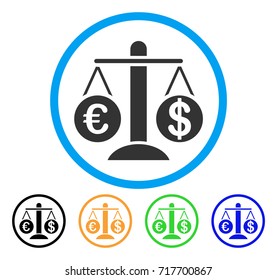 Currency Compare Scales icon. Vector illustration style is a flat iconic currency compare scales grey rounded symbol inside light blue circle with black, green, blue, yellow color versions.