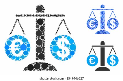 Currency compare scales mosaic of filled circles in different sizes and shades, based on currency compare scales icon. Vector filled circles are composed into blue mosaic.