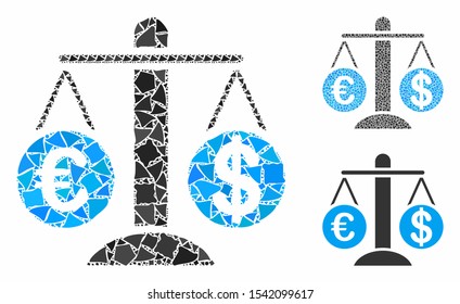 Currency compare scales mosaic of uneven parts in different sizes and shades, based on currency compare scales icon. Vector raggy parts are grouped into collage.