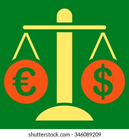 Currency Compare vector icon. Style is bicolor flat symbol, orange and yellow colors, rounded angles, green background.