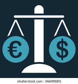 Currency Compare vector icon. Style is bicolor flat symbol, blue and white colors, rounded angles, dark blue background.