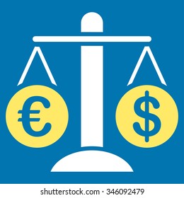 Currency Compare vector icon. Style is bicolor flat symbol, yellow and white colors, rounded angles, blue background.