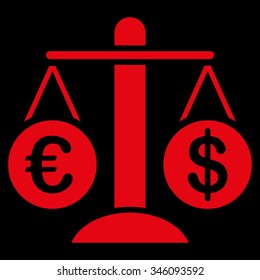 Currency Compare vector icon. Style is flat symbol, red color, rounded angles, black background.