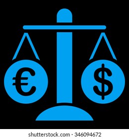 Currency Compare vector icon. Style is flat symbol, blue color, rounded angles, black background.