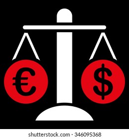 Currency Compare vector icon. Style is bicolor flat symbol, red and white colors, rounded angles, black background.