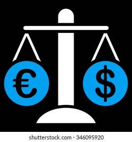 Currency Compare vector icon. Style is bicolor flat symbol, blue and white colors, rounded angles, black background.