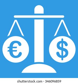 Currency Compare vector icon. Style is flat symbol, white color, rounded angles, blue background.