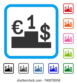 Currency Competition icon. Flat grey pictogram symbol inside a light blue rounded rectangular frame. Black, gray, green, blue, red, orange color additional versions of Currency Competition vector.
