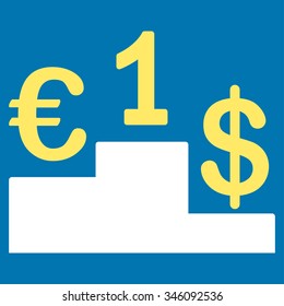 Currency Competition vector icon. Style is bicolor flat symbol, yellow and white colors, rounded angles, blue background.