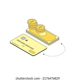 currency conversion, cash withdrawal or put money on a credit card. infographics for articles about finance.isometry style. vector illustration isolated