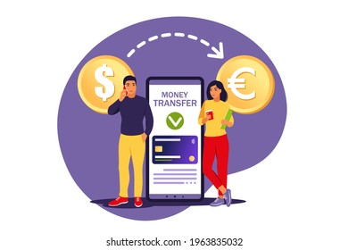 Currency conversion concept. Mobile bank users transferring money. Online payment. Vector illustration. Isolated flat.