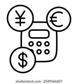 Ícone de Conversão de Moeda com Calculadora e Vários Símbolos de Moeda