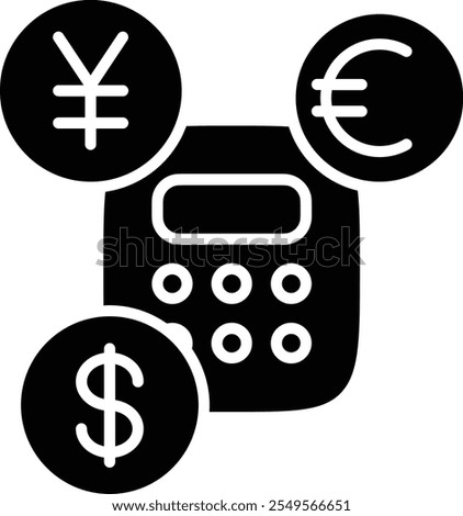 Currency Conversion Icon with Calculator and Various Currency Symbols